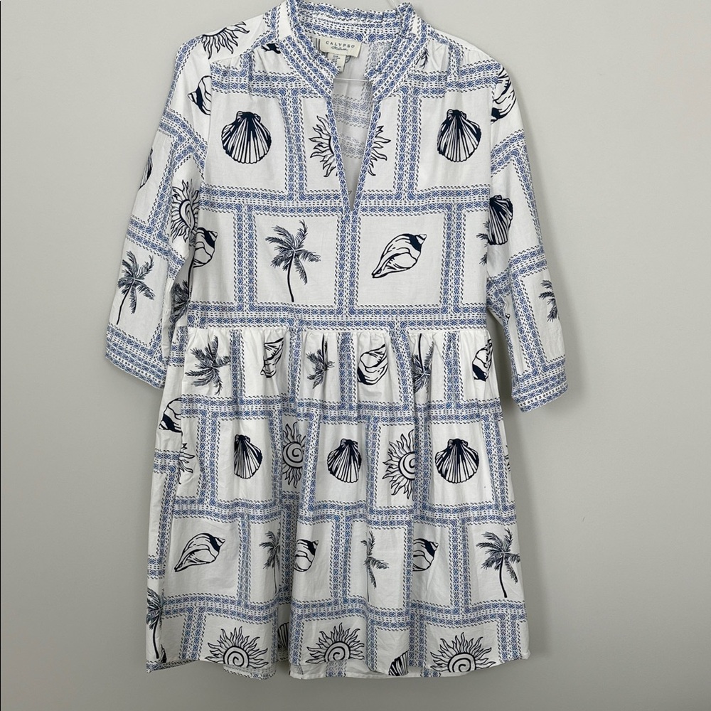 Calypso St. Barth White and Navy Seashell Print Mini Dress